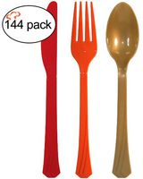 Tiger Chef Red Orange Gold Thanksgiving Flatware Party Supplies, Heavyweight Colored Plastic Silverware Includes 48 Forks, 48 Teaspoons, and 48 Knives (Thanksgiving, 144)