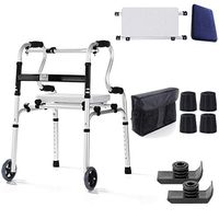 HMHD Folding Rollator Walker with Seat Solid Wheels-Height Adjustable-Standard Walker Medical Rolling Mobility Aluminum Alloy Walking Aid/Frame for Senior/Elderly/Disabled-Cane Stick