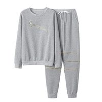Amlaiworld Women Sport Sets Solid Pullover Sweatshirt and Cotton Pant Sets Tracksuit Sport Suit Homewear Gray