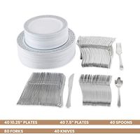 80 Disposable Plastic Plates | Durable White China Like Dinnerware | 160 Upscale Collection Plastic Silverware Set | Excellent for Weddings, Fine Dining, Birthday Parties | White (240 Ct)