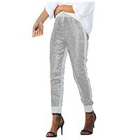 Meikosks Women's Sequins Spliced Trousers High Waist Long Pants Elastic Patchwork Bottoms Pants Silver