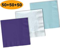 150 Beverage Napkins, Grape Purple, Bright White, Pastel Blue - 50 Each Color. 2 Ply Paper Cocktail Napkins. 5" folded, 10" unfolded.