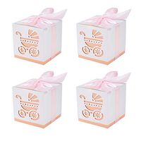 BENECREAT 50 Sets 2.4x2.4x2.4” Baby Shower Favor Box Pink Baby Carriage Printing Box with Ribbon for Candy Chocolate Treats