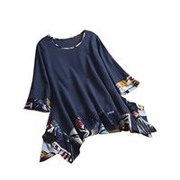 general3 Women 3/4 Sleeve T Shirt Ladies Vintage Ethnic Print O Neck Irregular Hem Cotton Linen Casual Blouse Shirts (Blue, XXXXX-Large)