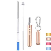 Hokeea Reusable Straw with Aluminum Slim Case,Silicone Tip and Keychain,Portable Folding Stainless Steel Drinking Straws,Collapsible Metal Travel Straw with Slender Case(RoseGold)