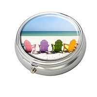 Adirondack Beach Chairs On A Sun Beach Holiday Vacation Travel House Decorative Boxes Silver Round Pill Box Medicine Tablet Holder Wallet Organizer Case for Pocket or Purse