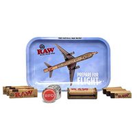RAW Rolling Tray Small (Flight), Natural 1 1/4 Rolling Papers (3 Packs), 79mm Cigarette Roller, Tips (3 Packs), and Rolling Paper Depot 42mm 4 Piece Grinder - 9 Items - Bundle