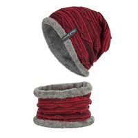 Theoylos Women's Winter Knit Beanie Hat Neck Warmer Loop Scarf Gloves Set Fleece Lined Ski Skull Cap for Men Women Wine