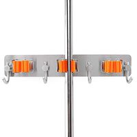 Vpang Stainless Steel 3M Self Adhesive Broom Mop Holder Broom Gripper Holds with Hooks Wall Mounted Cleaning Tools Organizer (3-Holders with 4-Hooks)