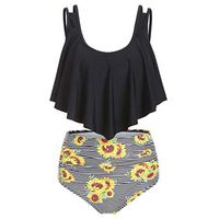 Theoylos Womens Bikini High Waisted Swimsuits Tummy Control Two Piece Tankini Ladies Ruffled Top Printing Bathing Suits Black