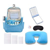 Complete Travel Accessories Bundle: Hanging Toiletry Bag for Travel and Cosmetic Makeup - bundled with TSA Approved Clear Travel Bottles Set, including Inflatable Travel Pillow, Sleep Mask, LED Mirror