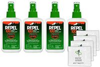 Repel 100 Insect Repellent, Pump Spray, 4-Ounce (4 Pack W/ 4 HAO Wipes)