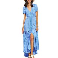 Women's Floral Maxi Dresses Boho Button Up Split Flowy Beach Party Long Dress (2XL,Blue)