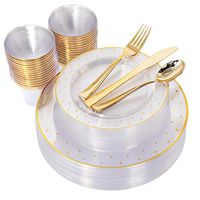 150 PCS Gold Plastic Plates with Disposable Silverware and Cups, Dot Design Clear Plates Includes: 25 Dinner Plates 10.25”, 25 Salad Plates 7.5”, 25 Cups 9Oz, 25 Forks, 25 Knives, 25 Spoons