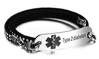 JF.JEWELRY Type 2 Diabetes Medical Alert ID Bracelet with 3 Layers of Velvet Leather Link,7.5 inch
