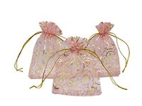 Ankirol 100pcs Eyelash Organza Wedding Favor Bags Luxury Jewelry Candy Gift Card Bags with Gold Line Drawstring Pouches (Pink, 5x7)