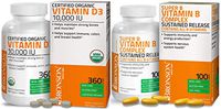 Super B Vitamin B Complex Sustained Slow Release Contains All B Vitamins + High Potency Vitamin D3 10,000 IU Certified Organic Vitamin D Supplement