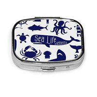 Blue Deep Sea Life Nautical Shark Turtle Marine Jellyfish Square Pill Box Decorative Boxes Pill Case Medicine Tablet Holder Wallet Organizer Case for Pocket Or Purse