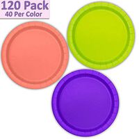 120 Paper Dessert Plates (7") - Neon Green, Coral, Neon Purple - 40 Per Color, 3 Colors - Great Assortment for Birthday Parties, Weddings, Holidays, Baby Shower, Celebrations, and more