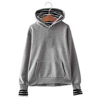 HNTDG Women's Solid Color Long Sleeve Casual Striped Stitching Fake Two-Piece Hooded Sweatshirt Gray