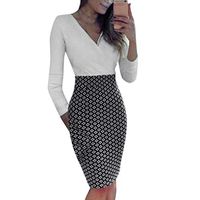 Womens Pencil Dresses,Women Deep V Long Sleeeve Pathwork Wear to Work Business Party Bodycon Cocktail Mini Dress Zulmuliu (White,3XL)