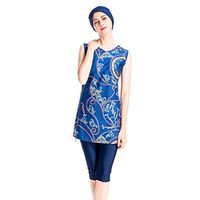 Gojendy Women Solid Ethnic Pattern Bathing Suit for Muslin Sleeveless Tank Top Swimwear (XXXL, Blue)