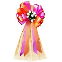 Orange and Hot Pink Fuchsia Wedding Pew Pull Bows with Tulle Tails and Rosebuds - 8" Wide, Set of 6, Easter, Reception, Anniversary, Valentine's Day