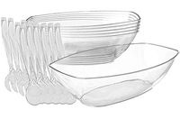 Clear Plastic Serving Bowls - 6 Count, With 6 Disposable Plastic Serving Fork And 6 Plastic Serving Spoons - Party Snack, Fruit Bowl or Salad Bowl