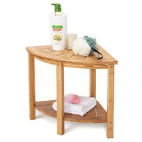 OasisSpace Corner Shower Stool, Bamboo Shower Bench with Storage Shelf, Wooden Spa Bath Organizer Seat, Perfect for Indoor or Outdoor