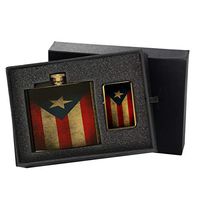 Puerto Rico Flag - Gold Lighter and Pocket Hip Liquor Flask Survival Camping Gift Box Set
