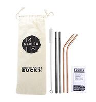 Stainless Steel Straws Reusable Set of 4, 8.5 inch, 2 8mm Straight 2 6mm Curved with 1 Cleaning Wand & Cotton Travel Bag (Rose Gold & Black) Marlow & Ko