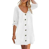 HJuyYuah Women's V-Neck Casual Solid Color Button Dress Sleeve Button Down Mini Dress White