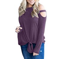 HNTDG Women Casual Strapless Cold Shoulder O-Neck Solid Long Sleeve Tie Knot Front Tunics Top Blouses Purple
