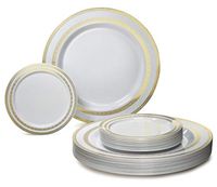 " OCCASIONS" 240 Plates Pack, Heavyweight Premium Disposable Plastic Plates Set 120 x 10.5'' Dinner + 120 x 6.25'' Dessert/Cake Plates (Lace White & Gold)