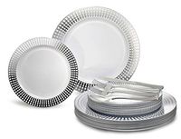 " OCCASIONS" 150pcs set (25 Guests)-Wedding Plastic Plates & cutlery -Disposable Dinnerware 10.25'', 7.5'' + Silverware w/double fork (Princess White & Silver)