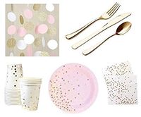 Pink and Gold Dessert Appetizer Paper Plates Napkins & Cups plastic Golden Cutlery Silverware & Glittery String Decorations Party Supplies Elegant Hot Foil Stamp DELUXE For 12 Guests