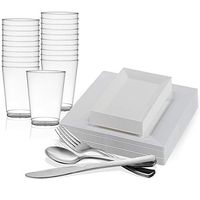 Kaya Collection - Square and Rectangle White Disposable Plastic Dinnerware Party Package - Includes Square Dinner Plates, Rectangle Salad/Dessert Plates, Silver Cutlery, Tumblers (120 Person Package)