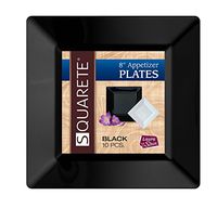 Squarete 8'' inch Black Appetizer - Salad Square Party Plates Hard Plastic Elegant Disposable 10 Square Salad Plates Per Package