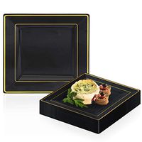 Elegant Disposable Plastic Dinner Plates 120 Pcs - Heavy Duty Fancy Square Black with Gold Rim Dinner Plates - Reusable Party Plates For Wedding, Easter, Thanksgiving, Birthday & Other Occasions