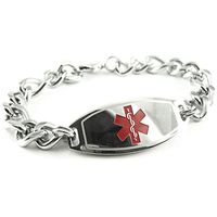 My Identity Doctor - Custom Engraved Mens Medical Alert Bracelet, 8mm Steel, Thick Figaro Chain - Red - Wrist Size 7.25 Inch