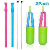 Collapsible Reusable Silicone Straws 2 Pack, Professional Foldable Food Grade Drinking Straws, Portable Folding Straws with Carrying Case and Cleaning Brush (Blue + Rose Red)