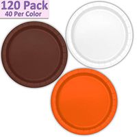 120 Paper Dessert Plates (7") - White, Brown, Orange - 40 Per Color, 3 Colors - Great Assortment for Birthday Parties, Weddings, Holidays, Baby Shower, Celebrations, and more