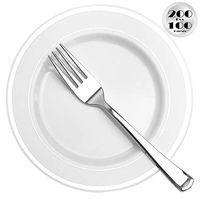 JL Prime 200 Pack 100 Silver 7.35” Small Plastic Plates & 100 Forks Set, Heavy Duty Disposable Plastic Plates with Silver Rim & Silverware for Party & Wedding, Salad/Dessert/Cake Plates and Forks
