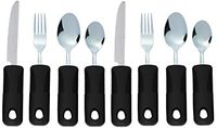 Adaptive Utensils (8-Piece Kitchen Set) Wide, Non-Weighted, Non-Slip Handles for Hand Tremors, Arthritis, Parkinson’s or Elderly use | Stainless Steel Knife, Fork and Spoons (Black - 2 Sets)