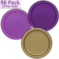 96 Paper Dinner Plates (9") - Deep Purple, Pretty Purple, Gold - 32 Per Color, 3 Colors - Great Assortment for Birthday Parties, Weddings, Holidays, Baby Shower, Celebrations, and more