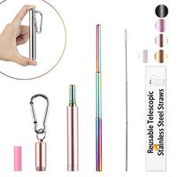 Reusable Collapsible Straw, 9.25'' Rainbow Telescopic Stainless Steel Metal Straw, BPA Free Portable Drinking Strawswith 1Rose Gold Case, 1 Cleaning Brush, 1 Silicone Tip - Best Christmas Gift