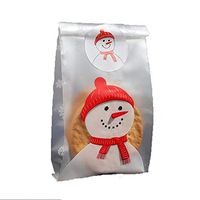 SCHOLMART Clear Flat Cello Cellophane Gift Treat Bags for Bakery, Cookies, Candies, Dessert, Christmas Snowman, Buddies Holiday, with Santa Claus Stickers (50 Pack) (3.5 x 9 Inch, Snowman)