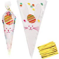 Easter Bunny Pattern Cello Cone Bags Pack of 100 Pcs Bags with 100 Pcs Twist Ties for Spring and Easter Party Supplies