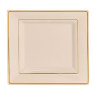Square off white Ivory Disposable/Reusable Plastic Plates With Gold Rim 50 Pack-25-9.5'' Dinner + 25-6.5" Dessert/Salad for Wedding Anniversary Christening all Events and Part (Ivory)