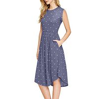 Women Casual Sleeveless Midi Dress with Pocket Summer Pleated Polka Dot Loose Swing A-Line Dresses